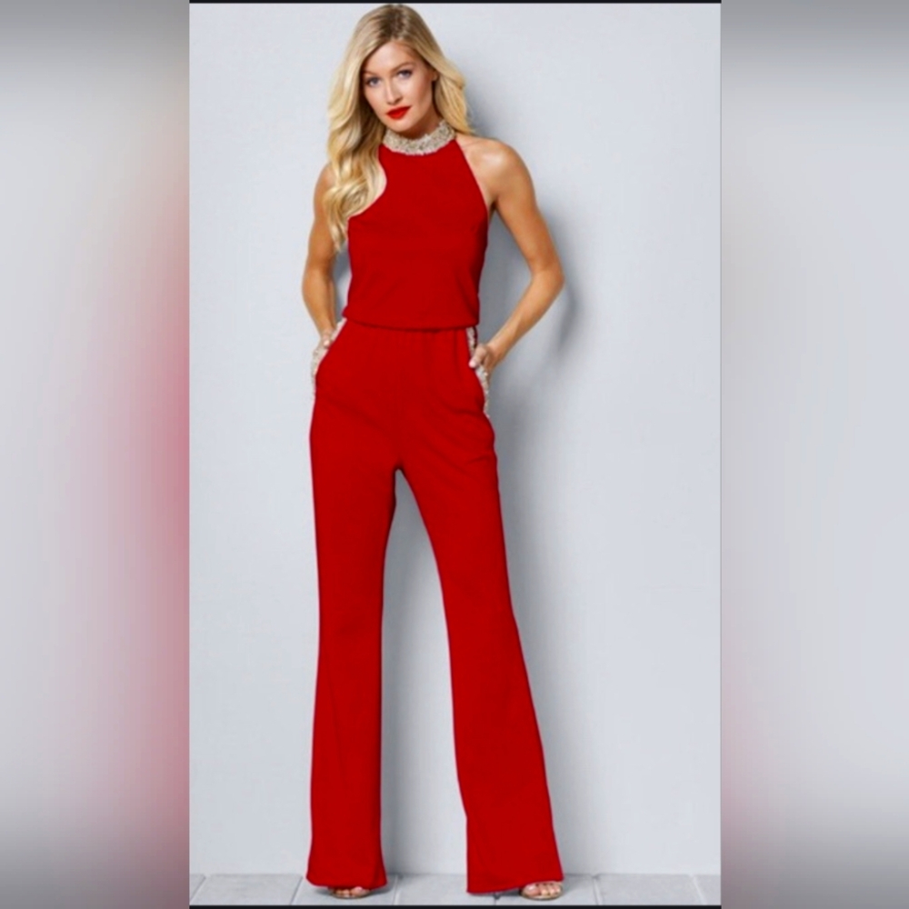 VENUS Vibrant Red Halter Jumpsuit